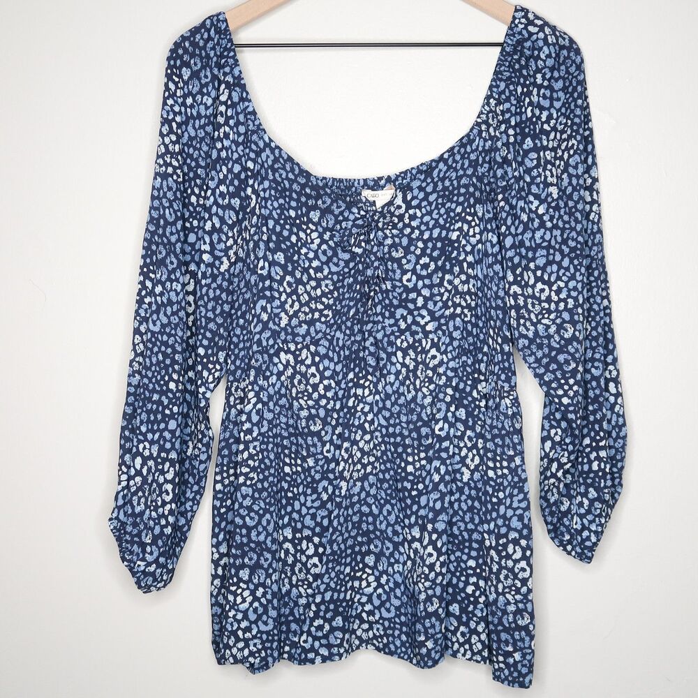 Cato Womens Babydoll Blouse Size Large Blue Cheetah Print Boho Feminine‎ Dainty